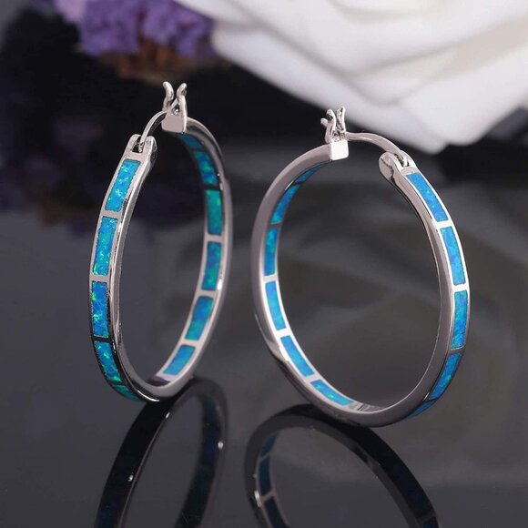 Opal Hoop Earrings Rhodium Plated Blue Fire Opal Women Jewelry Gift Box - Picture 3 of 7